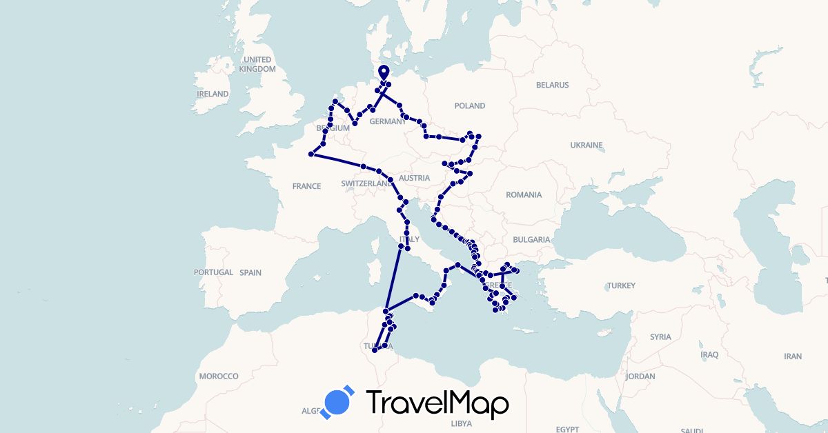 TravelMap itinerary: driving in Albania, Austria, Bosnia and Herzegovina, Belgium, Czech Republic, Germany, France, Greece, Croatia, Hungary, Italy, Montenegro, Netherlands, Poland, Slovakia, San Marino, Tunisia (Africa, Europe)